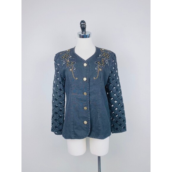 Vintage Black Linen Jacket Gold Floral Sheer Cage Sleeve Blazer / Size Medium - Picture 3 of 8